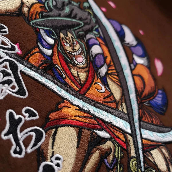 Samurai Oden Legacy: One Piece Anime Embroidered Hoodie Collection.