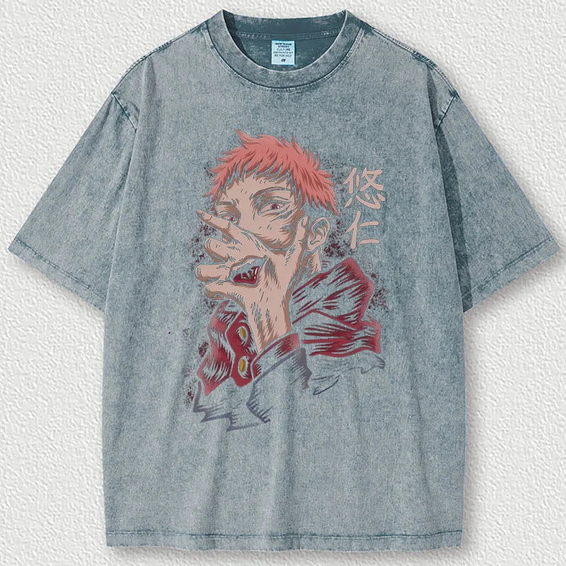 JJK T-shirt Oversized Acid Washed Tee Print Retro Punk T-shirt 100% Cotton Casual.