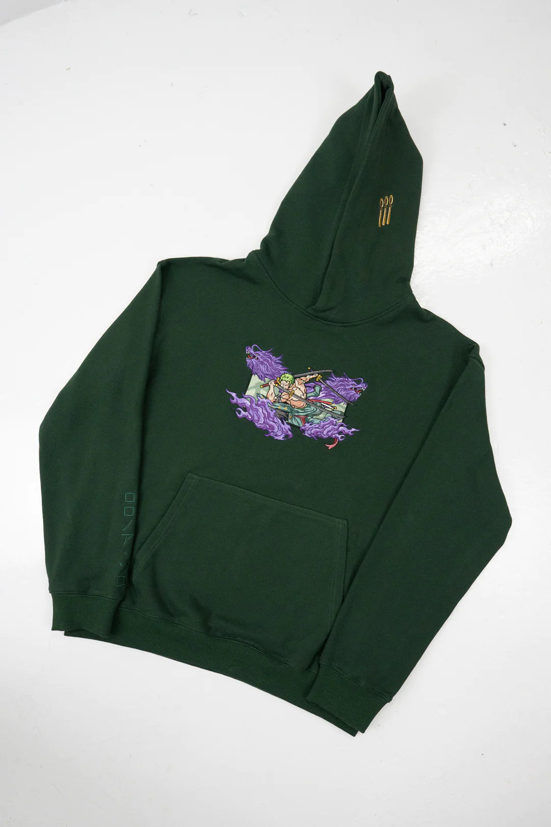 Roronoa Zoro: King of Hell One Piece Anime Embroidered Hoodie Collection.