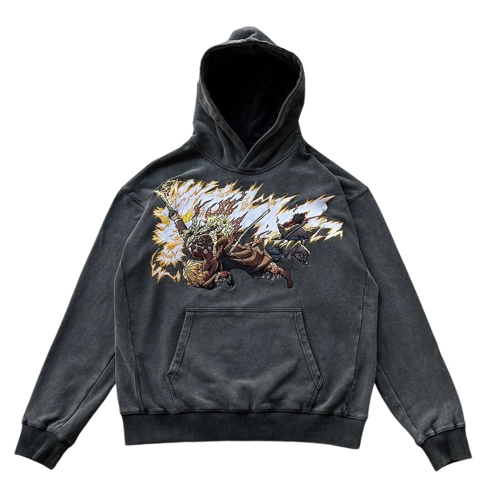 Zenitsu the "Flaming Thunder God" Acid Wash Embroidered Hoodie