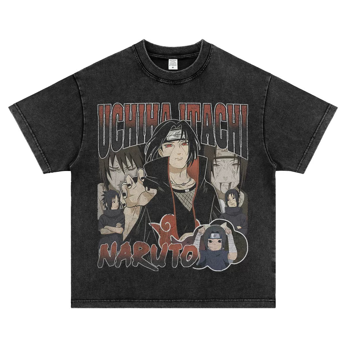 Cotton Naruto Print T-shirt Uchiha Anime Retro Washed Harajuku Style Top Loose Short Sleeve Men and Women