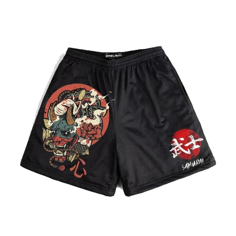 Japanese Anime Style Shorts for Men: Y2K Beach Casual Fashion, Quick Dry Workout Mesh Sweatpants