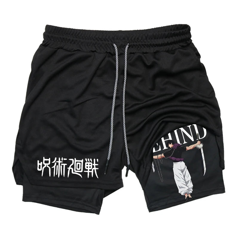 Anime Fusion: Men's 2-in-1 Compression Shorts with Graphic Design.