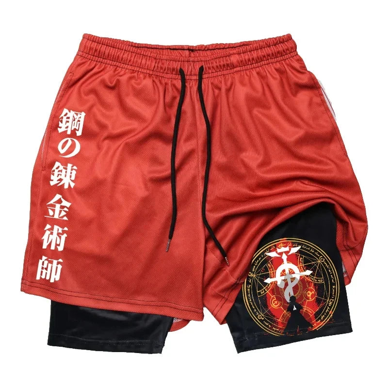 Anime 2-in-1 Compression Shorts: Quick Dry Athletic Gym Shorts for Men's Fitness and Running