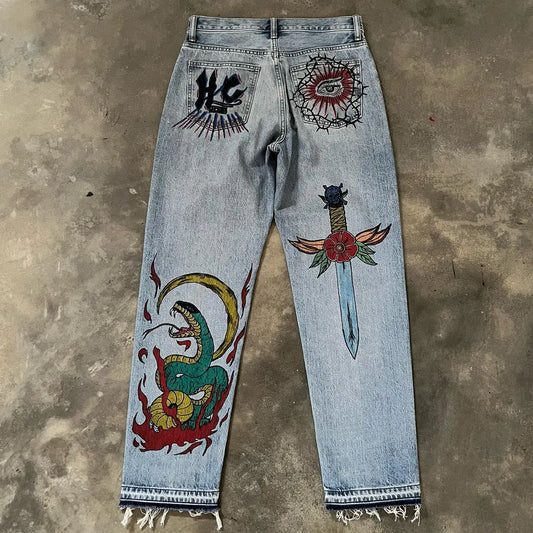 Hip Hop Death Anime Graphic Baggy Jeans: Harajuku Denim Y2K Pants for Men and Women