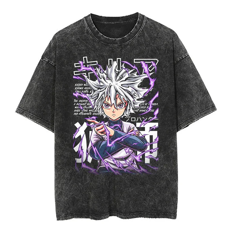 Harajuku Gothic Fusion: Vintage Washed Anime Graphic T-Shirts.