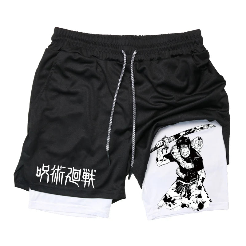 Anime Fusion: Men's 2-in-1 Compression Shorts with Graphic Design.