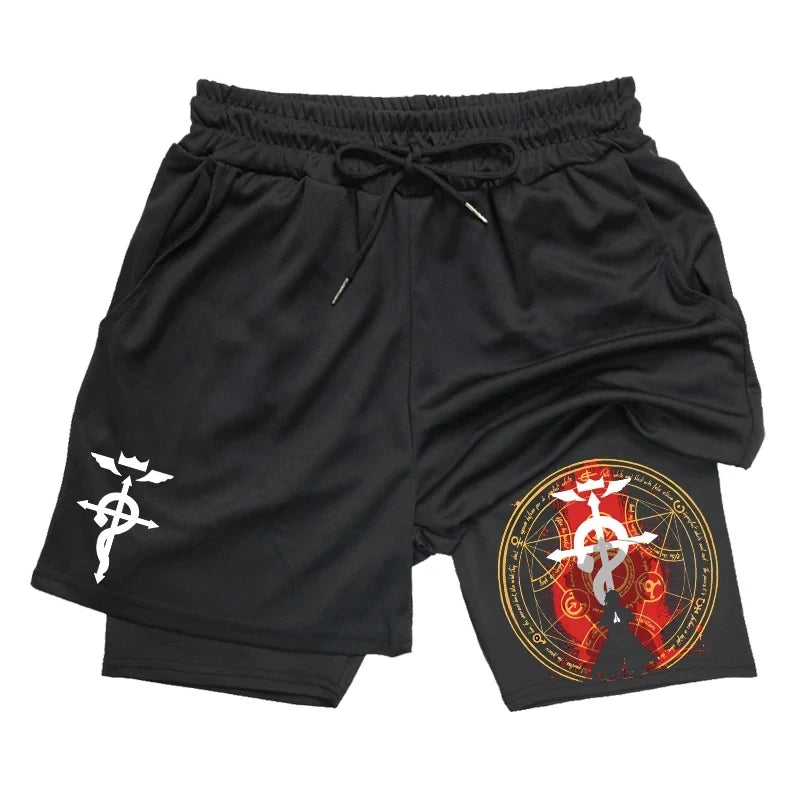 Anime 2-in-1 Compression Shorts: Quick Dry Athletic Gym Shorts for Men's Fitness and Running