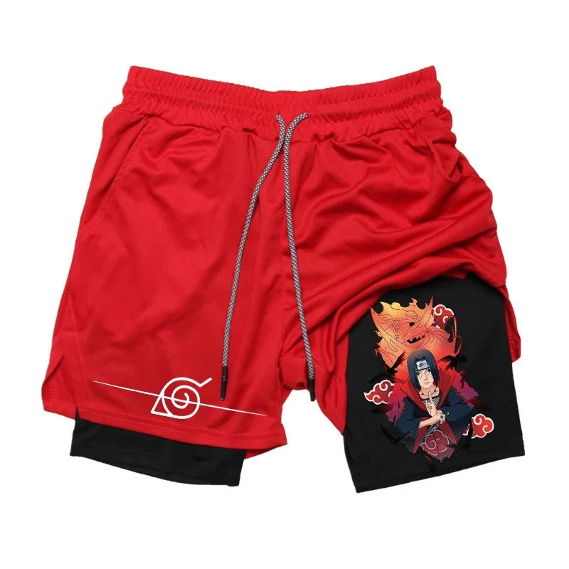 Pantalones cortos de compresión Anime para hombres: equipo de rendimiento 2 en 1 con bolsillo para teléfono para fitness de secado rápido