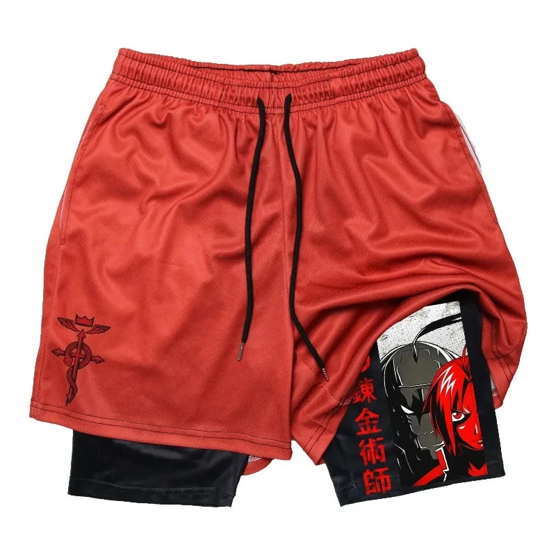 Anime 2-in-1 Compression Shorts: Quick Dry Athletic Gym Shorts for Men's Fitness and Running