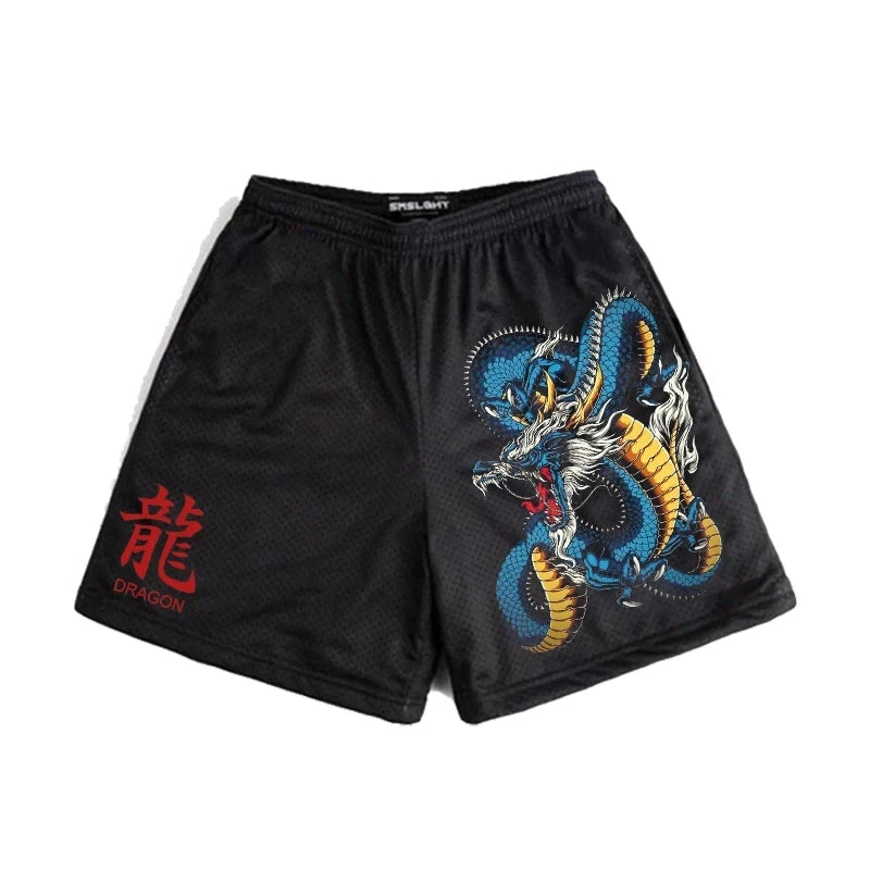 Shorts im japanischen Anime-Stil für Herren: Y2K-Strand-Freizeitmode, schnell trocknende Workout-Jogginghose aus Netzstoff.