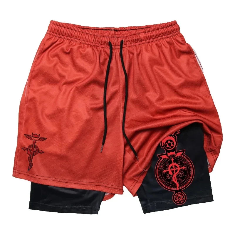 Anime 2-in-1 Compression Shorts: Quick Dry Athletic Gym Shorts for Men's Fitness and Running