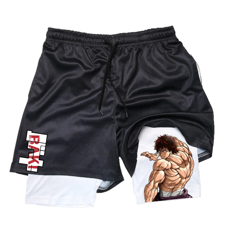 Baki Hanma Anime 2-in-1 Compression Shorts: Quick Dry Gym Fitness Shorts