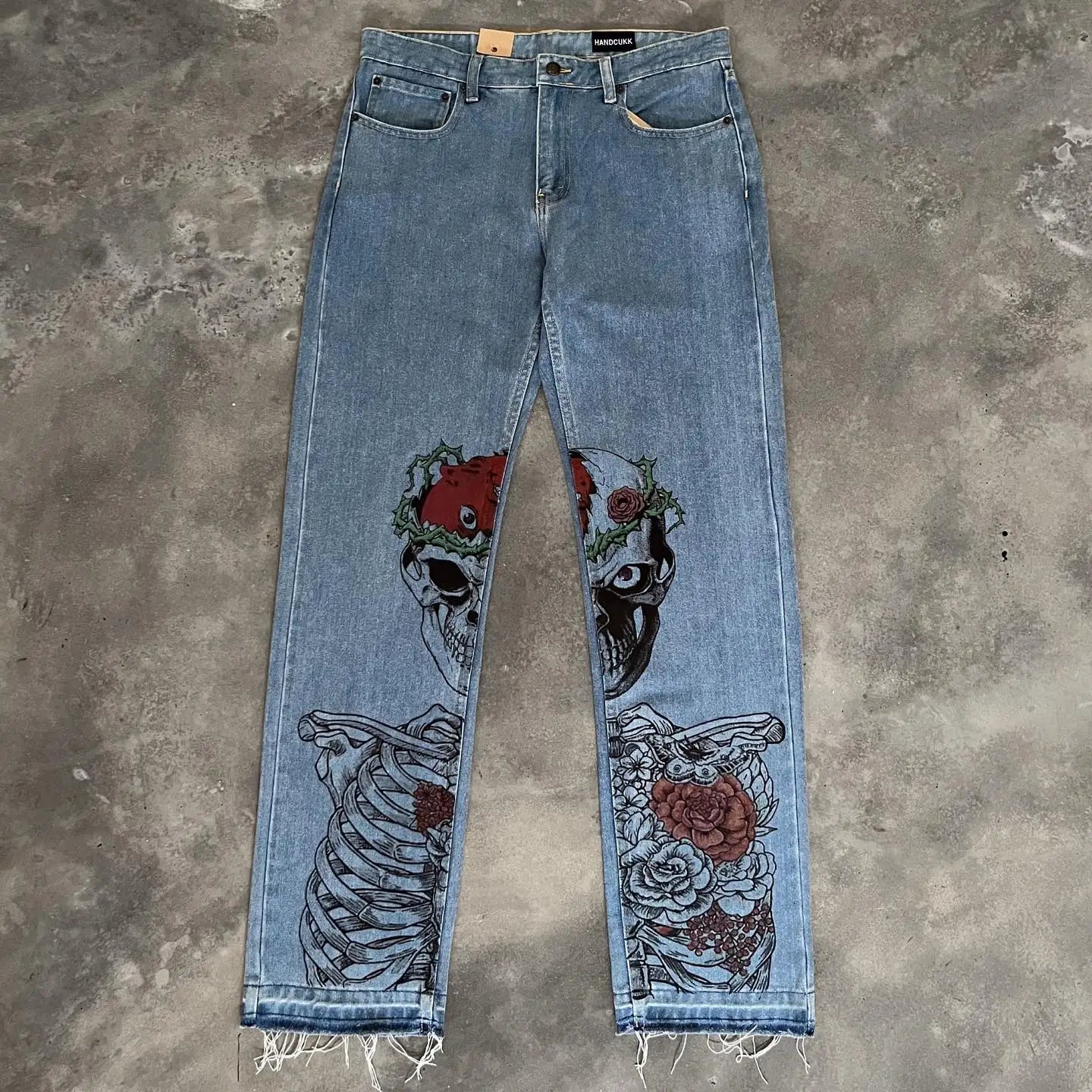 Harajuku Skull Print Denim Y2K Pants: New in 2024 for Men and Women