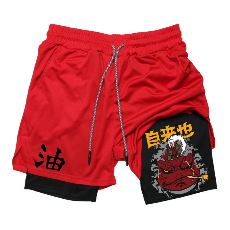 Anime Fusion: Men's Quick Dry 2-in-1 Compression Shorts with Phone Pocket.