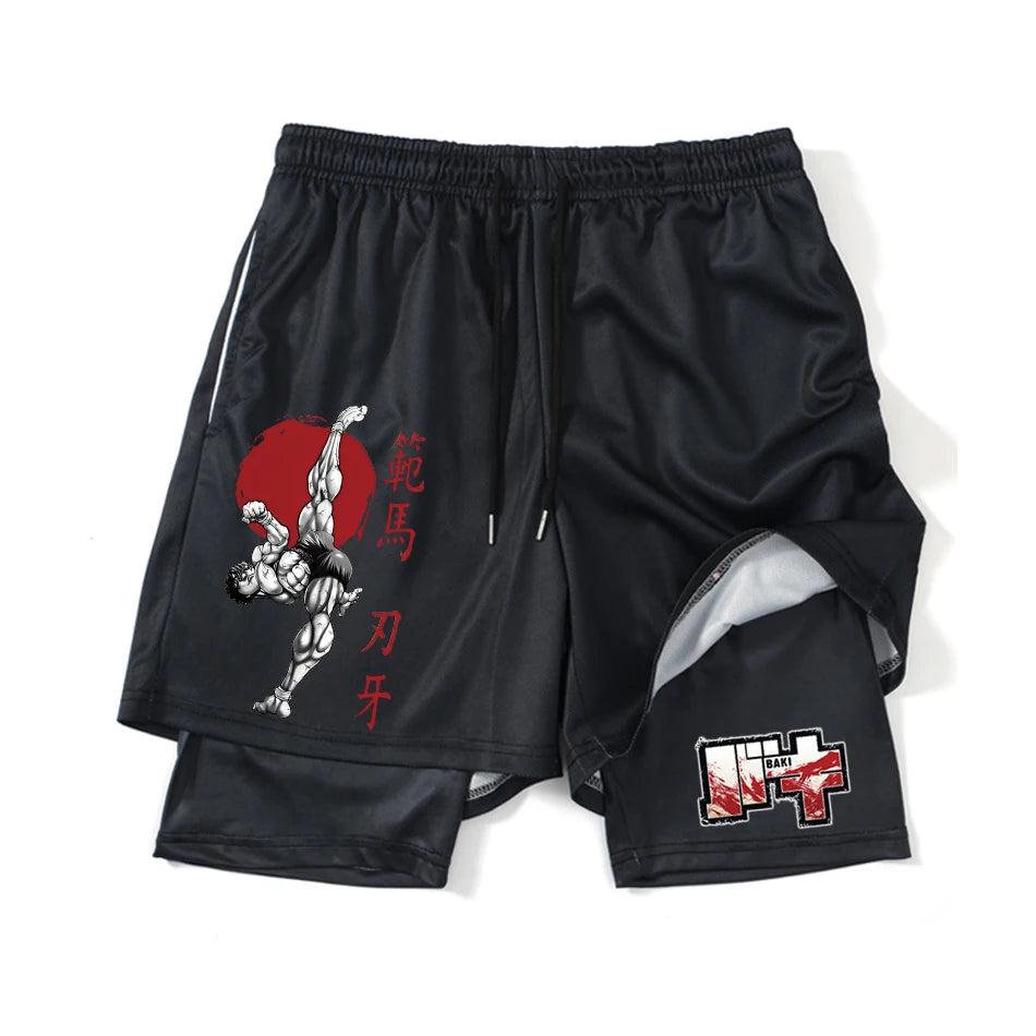 Baki Hanma Anime 2-in-1 Compression Shorts: Quick Dry Gym Fitness Shorts