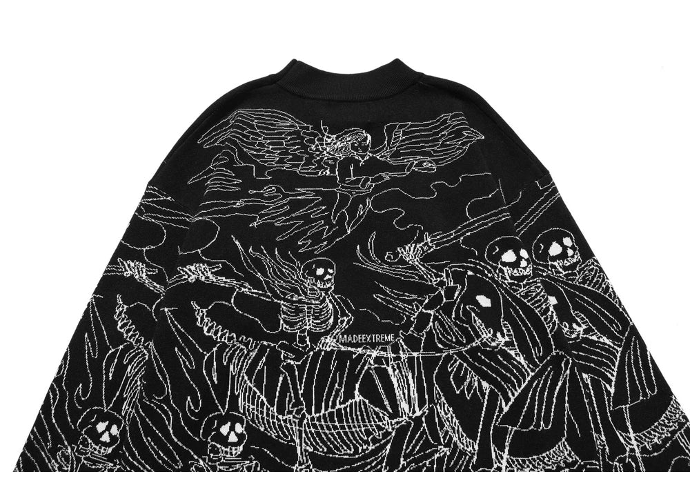 Autumn Streetwear Skull Sweater: Ukiyo-e Graffiti Knit Pullover