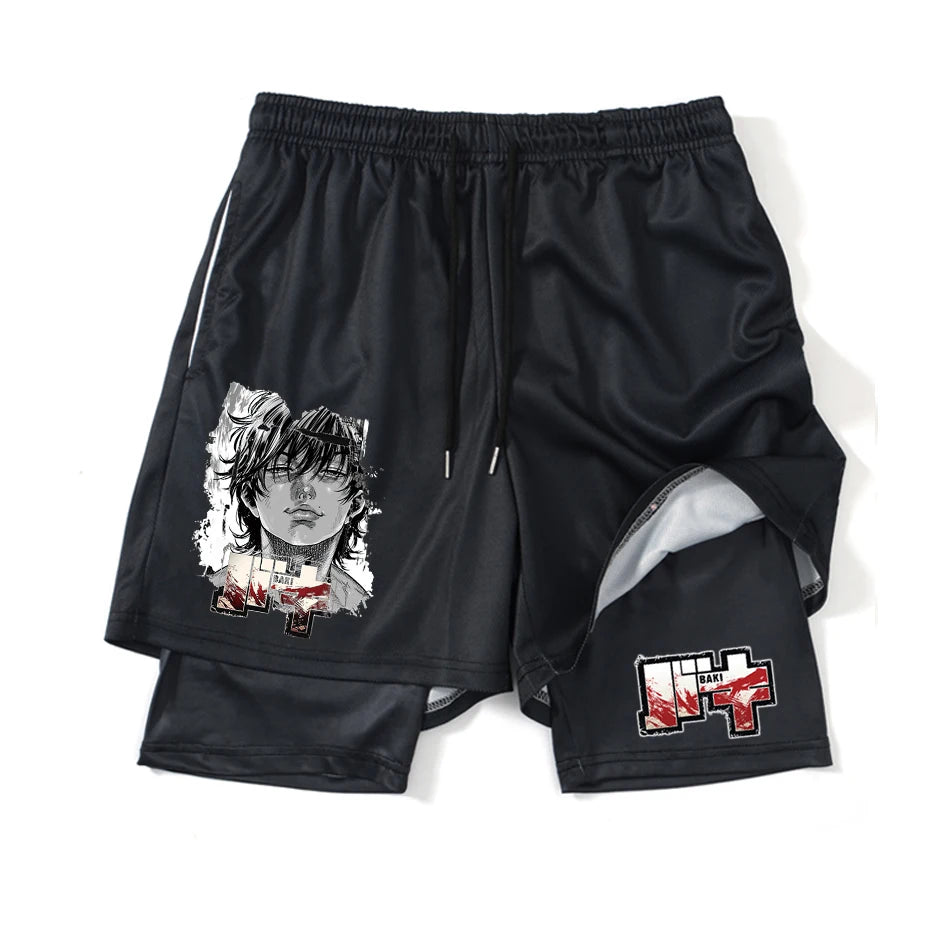 Baki Hanma Anime 2-in-1 Compression Shorts: Quick Dry Gym Fitness Shorts