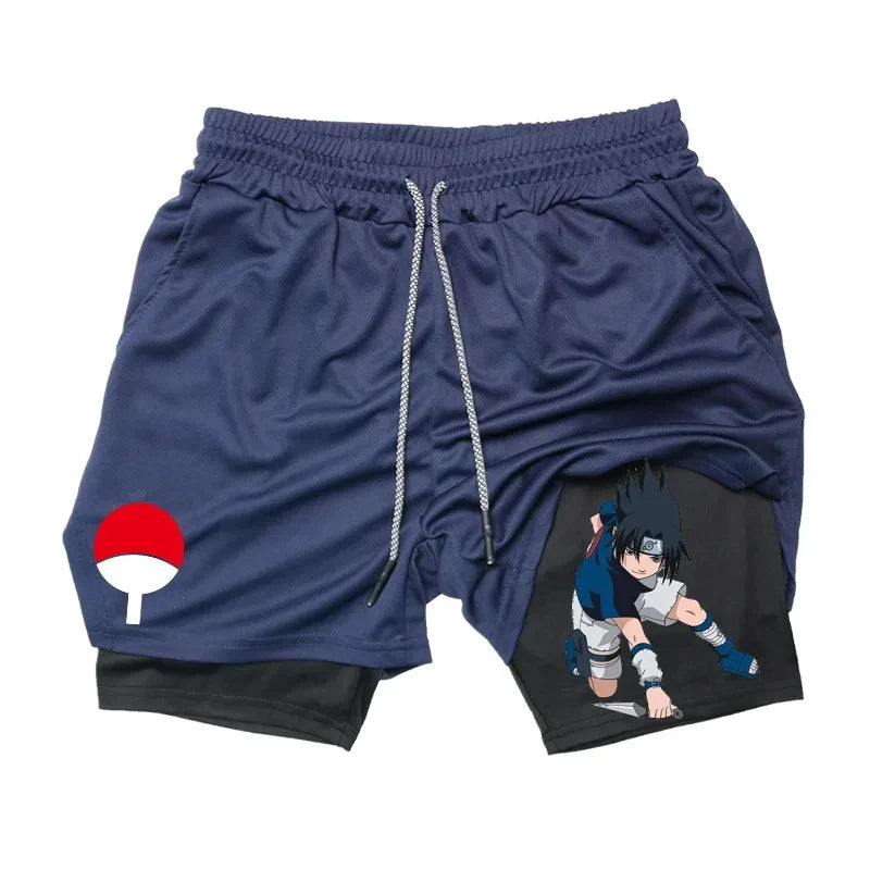 Pantalones cortos de compresión Anime para hombres: equipo de rendimiento 2 en 1 con bolsillo para teléfono para fitness de secado rápido