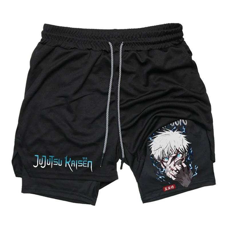 Anime Fusion: Graphic 2 in 1 Compression Shorts for Men with Innovative Features.