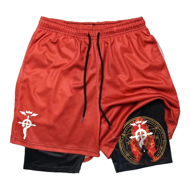 Anime 2-in-1 Compression Shorts: Quick Dry Athletic Gym Shorts for Men's Fitness and Running