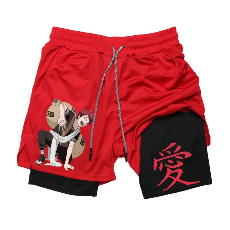 Pantalones cortos de compresión Anime para hombres: equipo de rendimiento 2 en 1 con bolsillo para teléfono para fitness de secado rápido