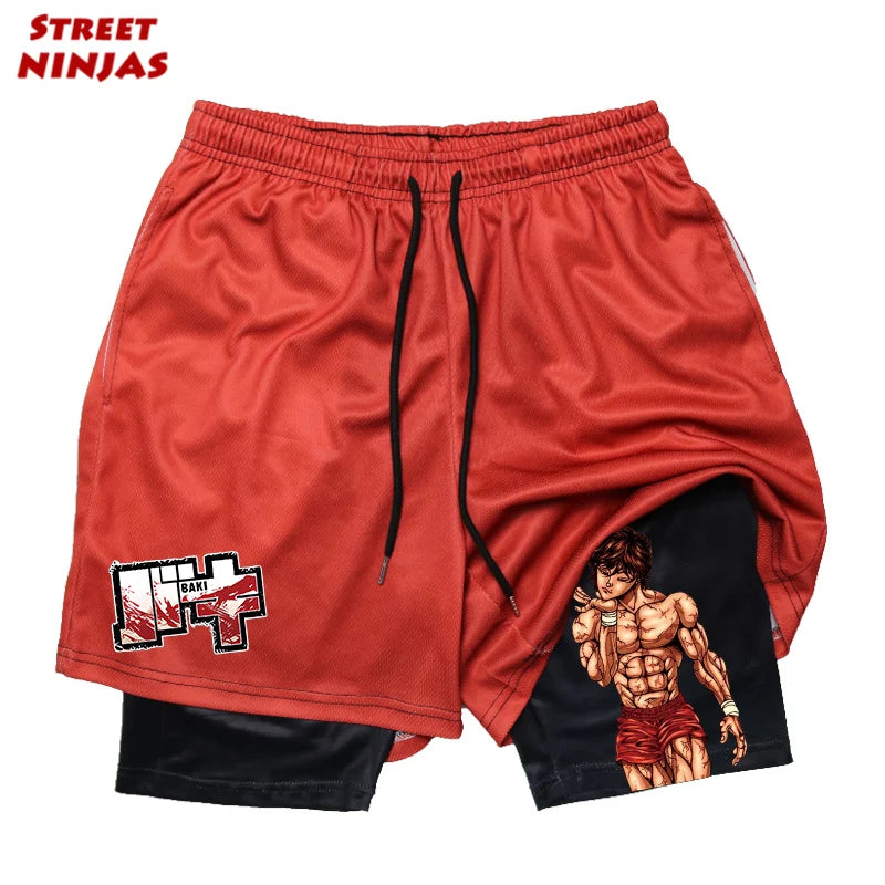 Baki Hanma Anime 2-in-1 Compression Shorts: Quick Dry Gym Fitness Shorts