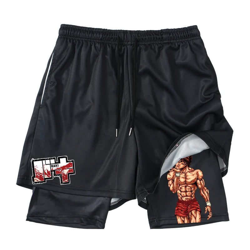 Baki Hanma Anime 2-in-1 Compression Shorts: Quick Dry Gym Fitness Shorts