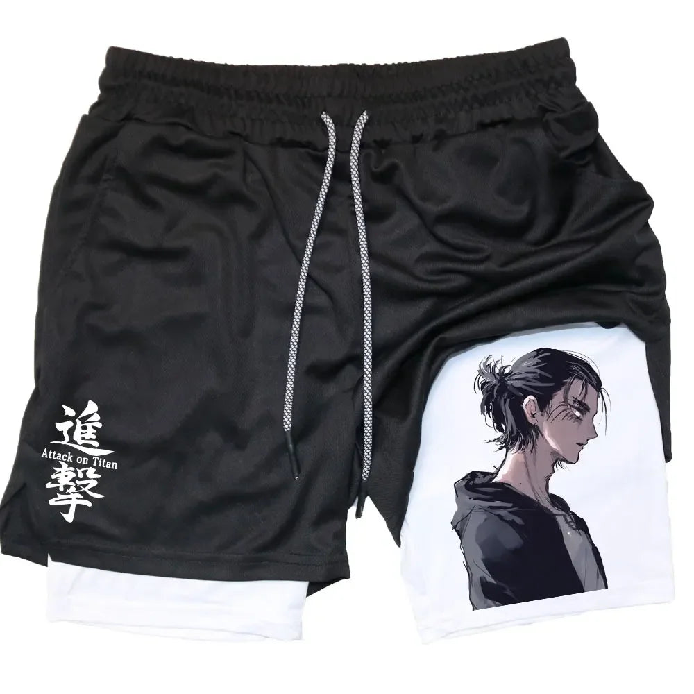 Double Layer Anime Fitness Shorts for Men: Breathable and Quick Dry