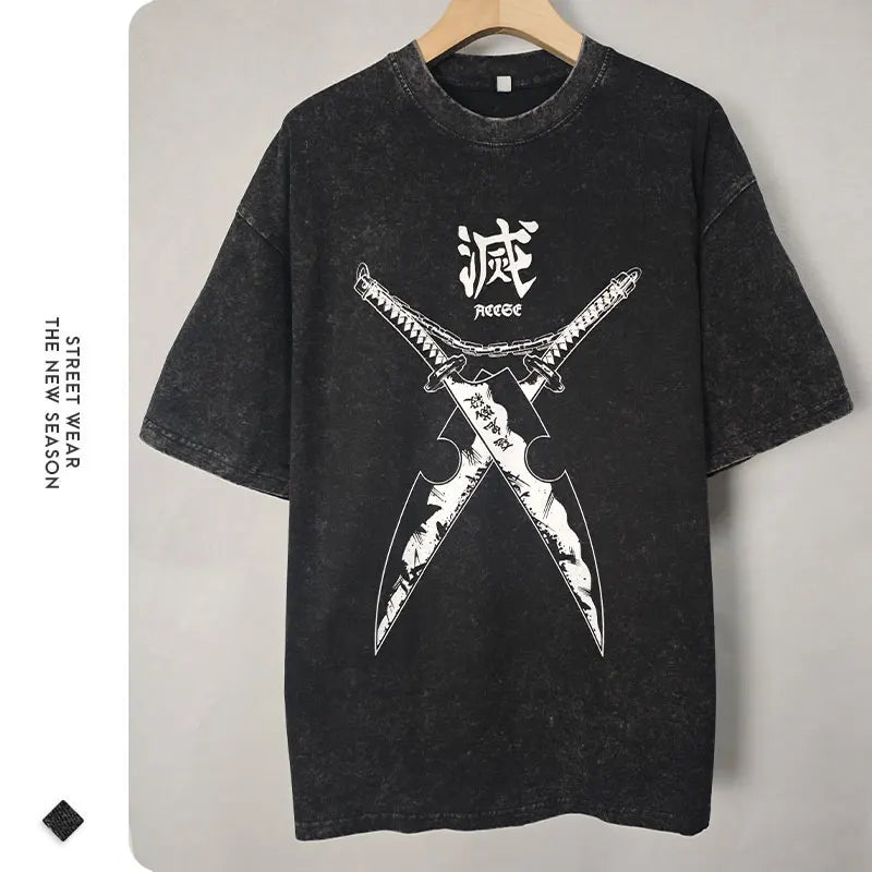 Anime Demon Slayer T Shirts Vintage Washed Uzui Tengen T-shirt Oversized Streetwear Short Sleeve Tanjirou Nezuko Tops Tees Men