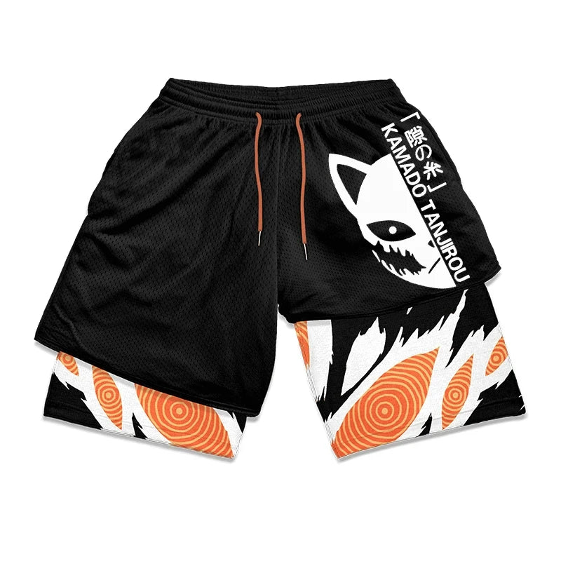 Anime Print Men's 2-in-1 Compression Gym Shorts: Quick Dry Performance