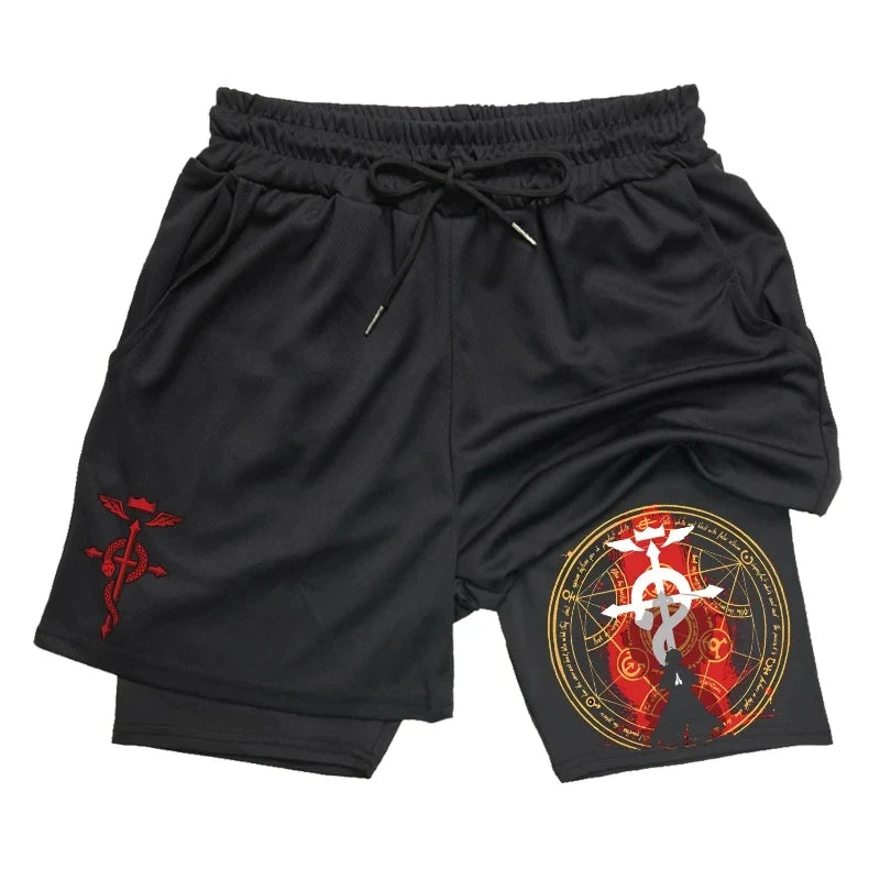 Anime 2-in-1 Compression Shorts: Quick Dry Athletic Gym Shorts for Men's Fitness and Running