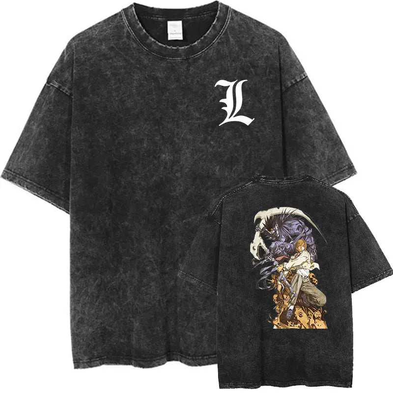 Death Note Acid Washed Oversized Tee: Retro Vintage Punk & Gothic Print.