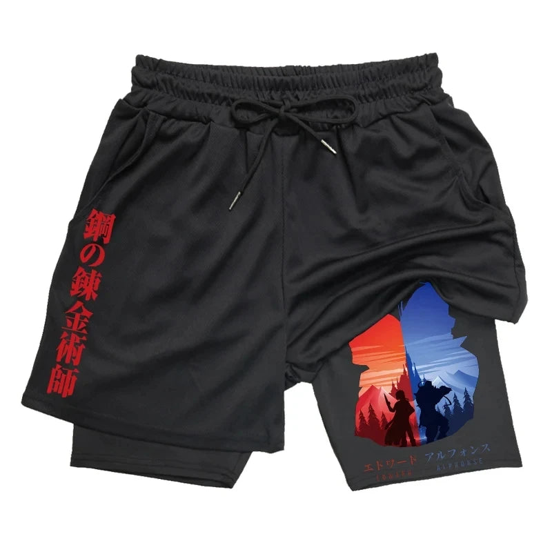 Anime 2-in-1 Compression Shorts: Quick Dry Athletic Gym Shorts for Men's Fitness and Running