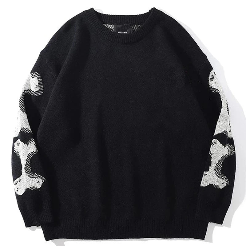 Vintage Skeleton Print Sweater: Oversized Cotton Pullover for Men & Women