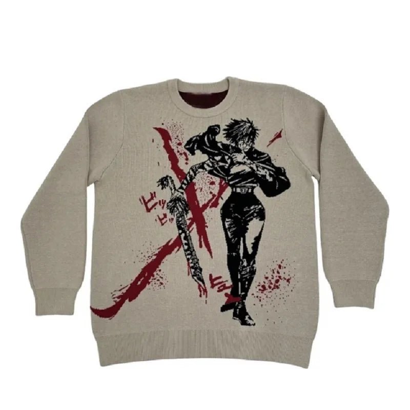 New Hip Hop Gothic Dark Anime Print Knitted Sweater: Oversized Pullover for Men and Women