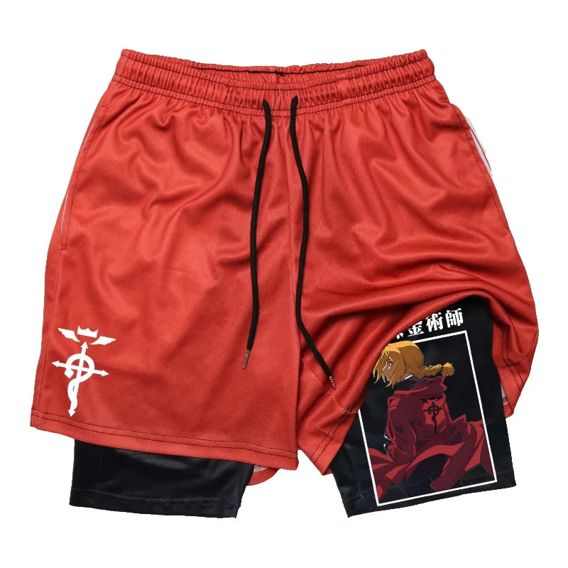 Anime 2-in-1 Compression Shorts: Quick Dry Athletic Gym Shorts for Men's Fitness and Running