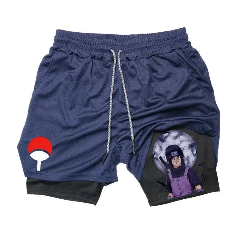 Pantalones cortos de compresión Anime para hombres: equipo de rendimiento 2 en 1 con bolsillo para teléfono para fitness de secado rápido