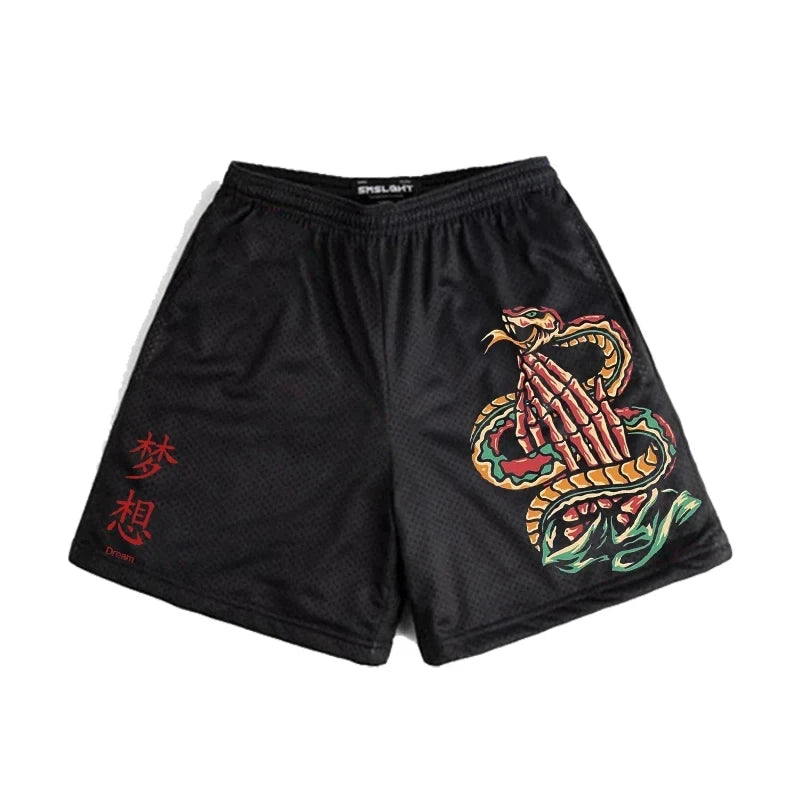 Japanese Anime Style Shorts for Men: Y2K Beach Casual Fashion, Quick Dry Workout Mesh Sweatpants