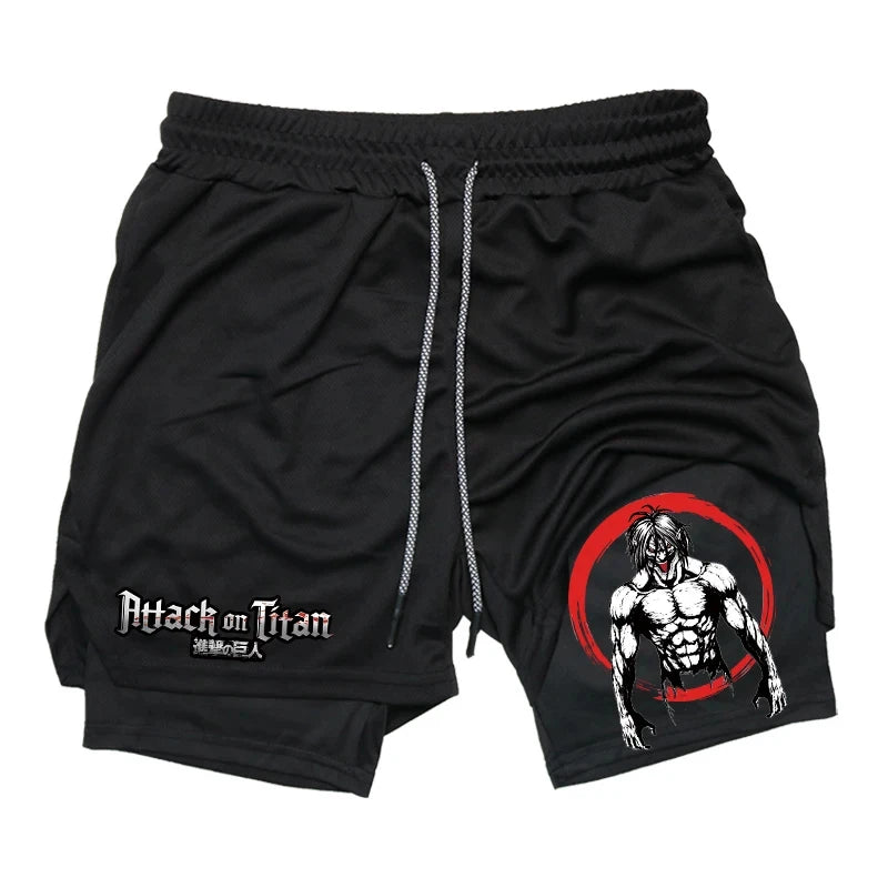 Anime 2-in-1 Compression Shorts: Quick Dry Athletic Gym Shorts for Men's Fitness and Running