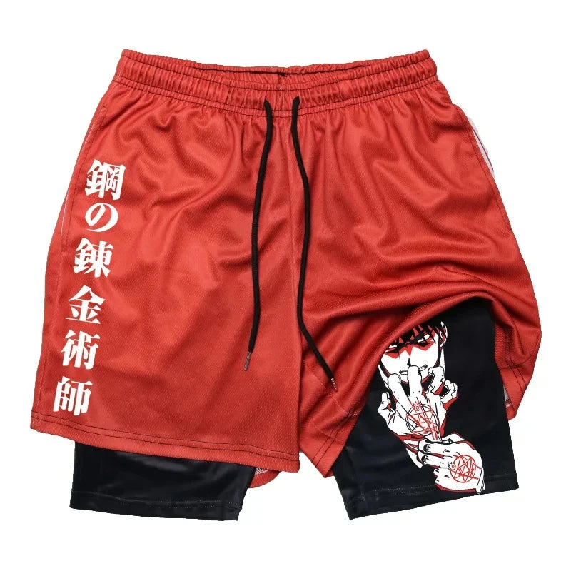 Anime 2-in-1 Compression Shorts: Quick Dry Athletic Gym Shorts for Men's Fitness and Running