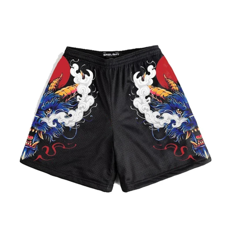 Japanese Anime Style Shorts for Men: Y2K Beach Casual Fashion, Quick Dry Workout Mesh Sweatpants