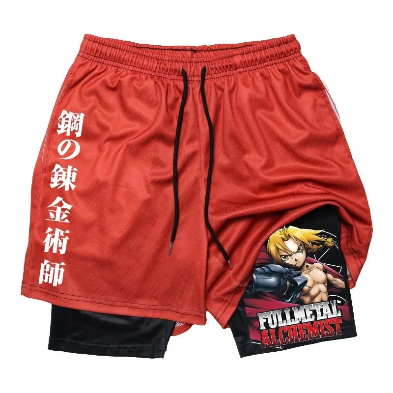 Anime 2-in-1 Compression Shorts: Quick Dry Athletic Gym Shorts for Men's Fitness and Running