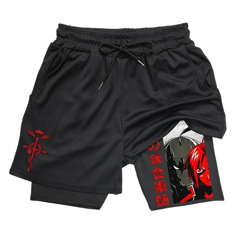 Anime 2-in-1 Compression Shorts: Quick Dry Athletic Gym Shorts for Men's Fitness and Running