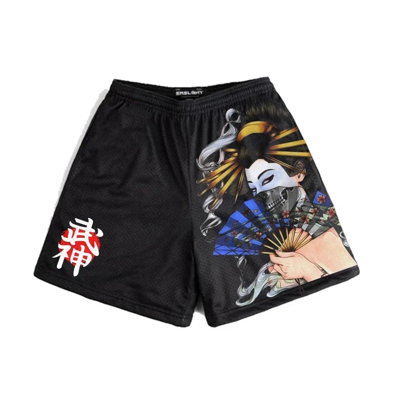 Japanese Anime Style Shorts for Men: Y2K Beach Casual Fashion, Quick Dry Workout Mesh Sweatpants