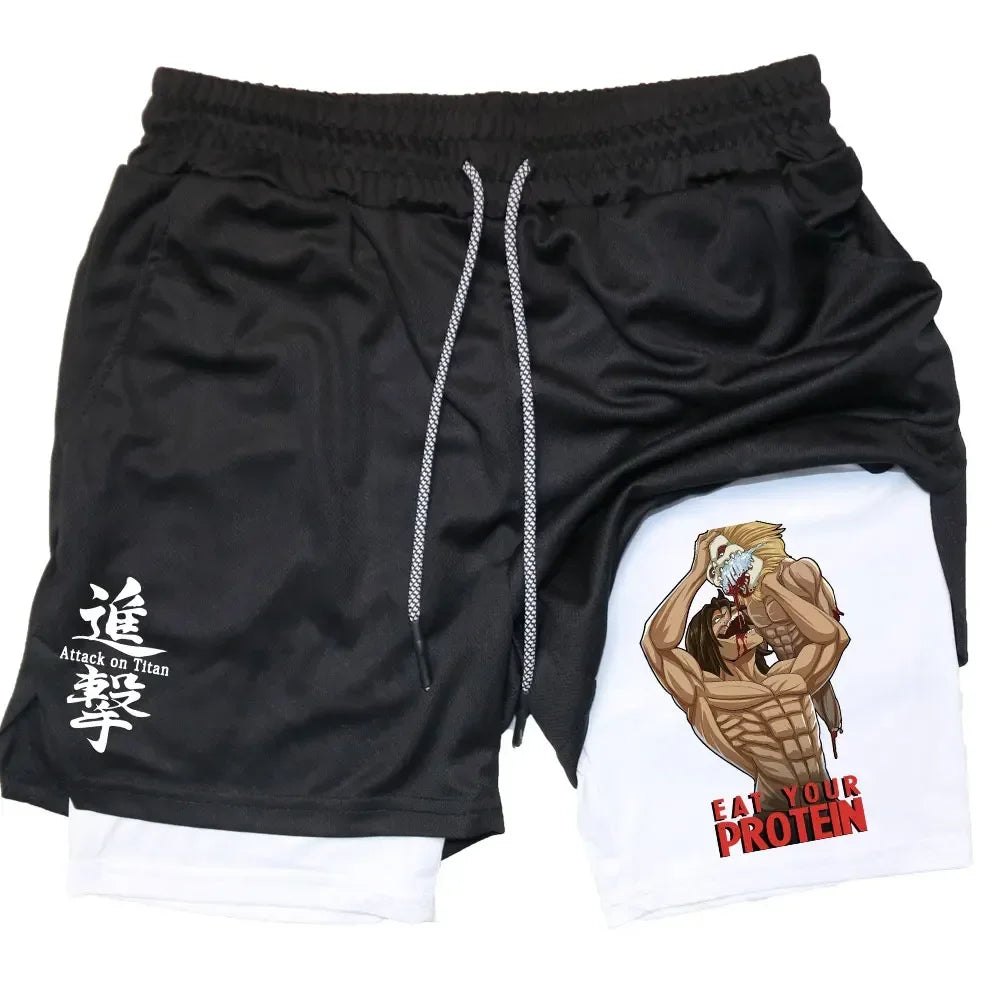 Double Layer Anime Fitness Shorts for Men: Breathable and Quick Dry