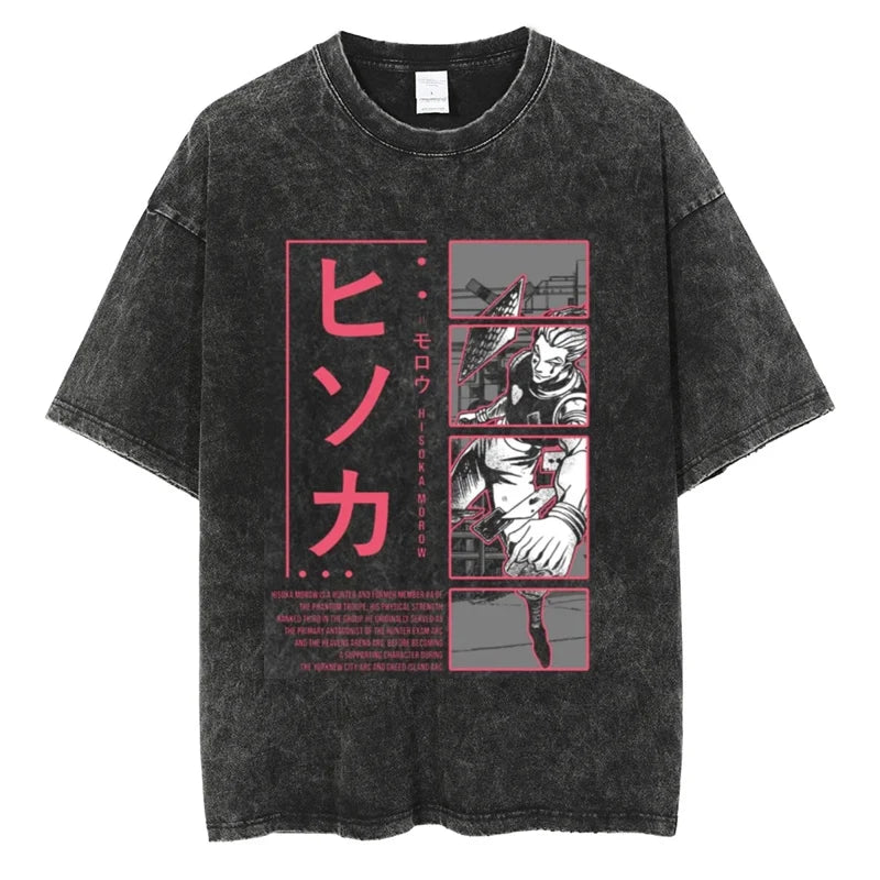 Retro Anime Manga Graphic Tees for Men Women Vintage Washed Cotton Tshirts Summer Casual Short Sleeve Tops Harajuku Streetwear.