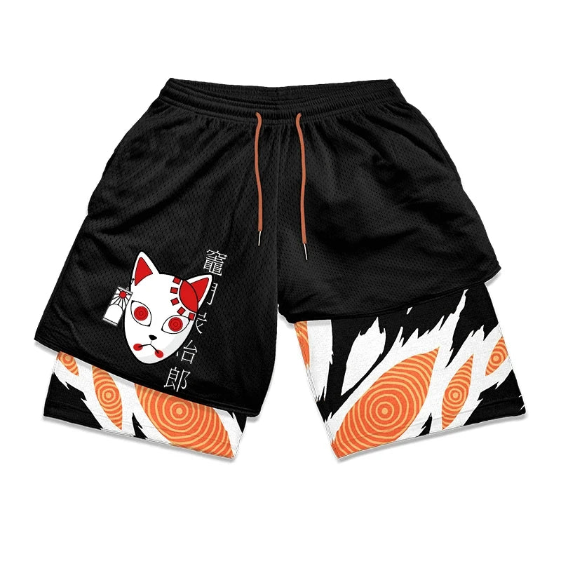 Anime Print Men's 2-in-1 Compression Gym Shorts: Quick Dry Performance