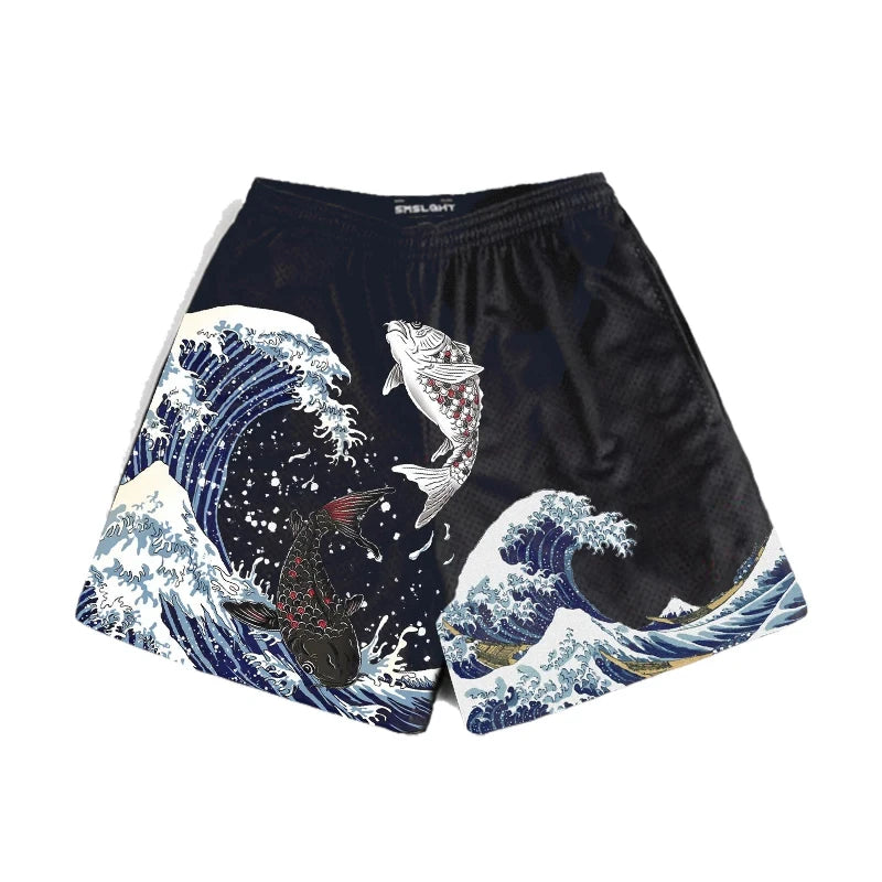 Japanese Anime Style Shorts for Men: Y2K Beach Casual Fashion, Quick Dry Workout Mesh Sweatpants