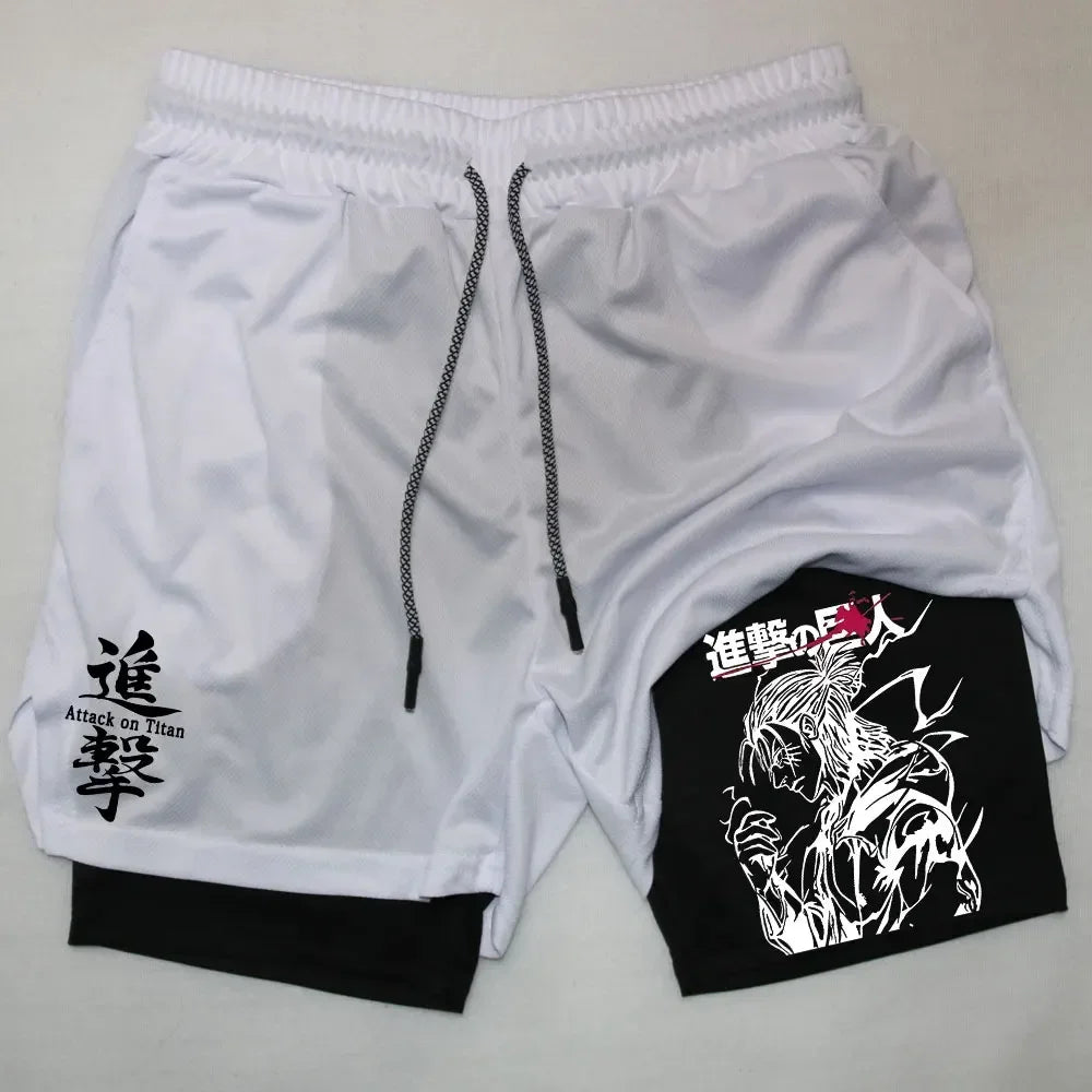 Double Layer Anime Fitness Shorts for Men: Breathable and Quick Dry